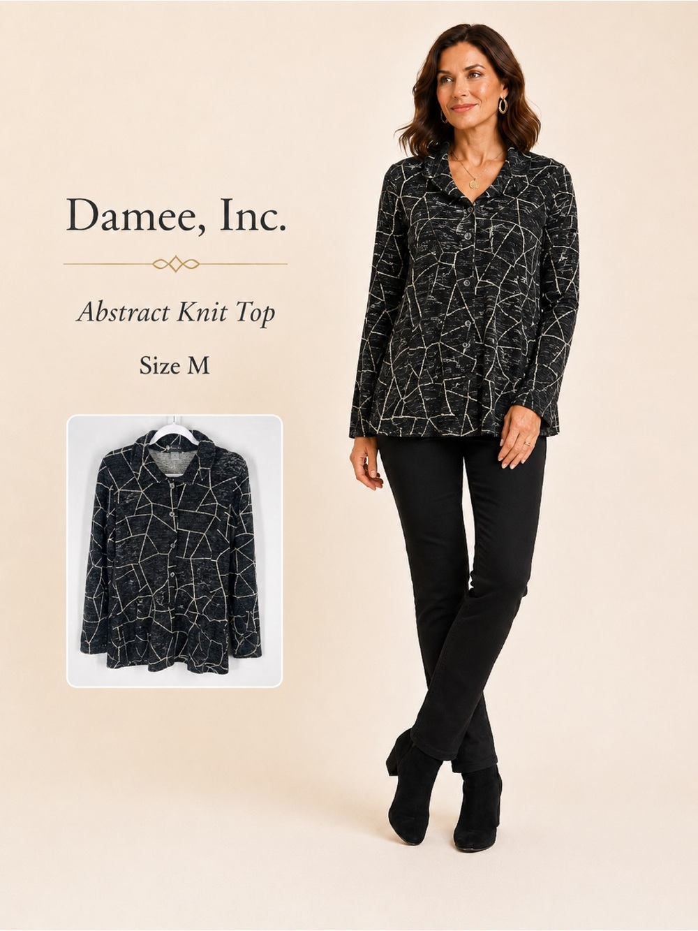 Damee Inc.‎ Abstract Knit Button Front Top Size M